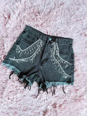 Rosemary Fringe Rhinestone Denim Shorts - Charcoal