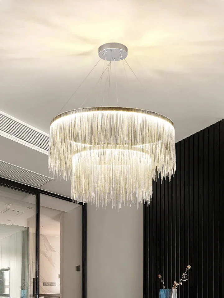 Rylight 1/2-Layer Round Aluminum Tassel Chandelier in Chrome Finish