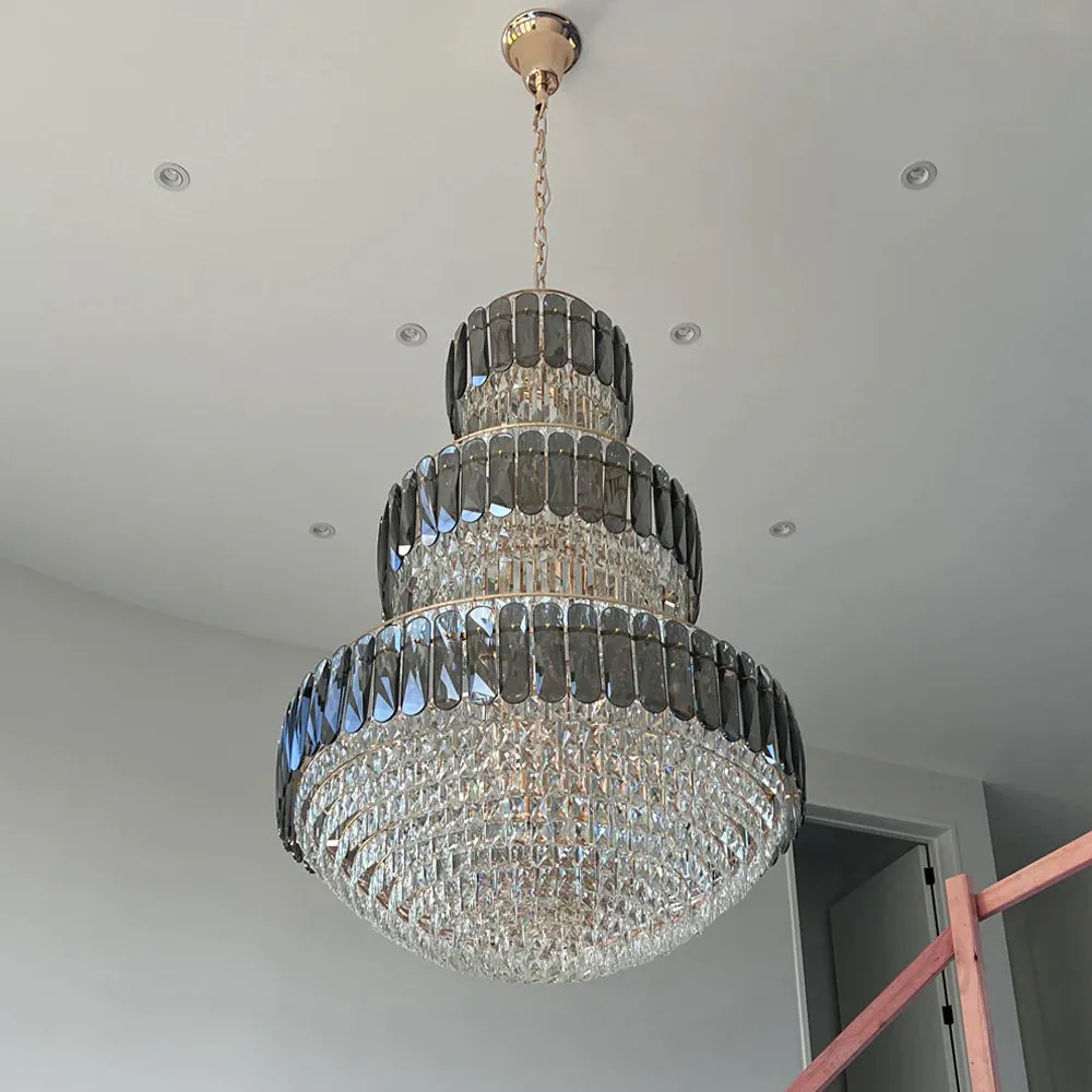 Rylight 3-Layer Tiered Smoky Gray&Clear Crystal Chandelier