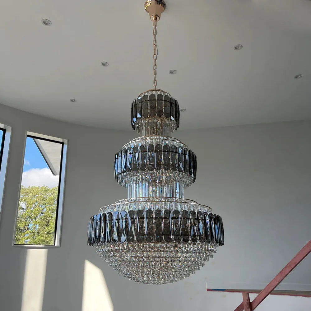 Rylight 3-Layer Tiered Smoky Gray&Clear Crystal Chandelier