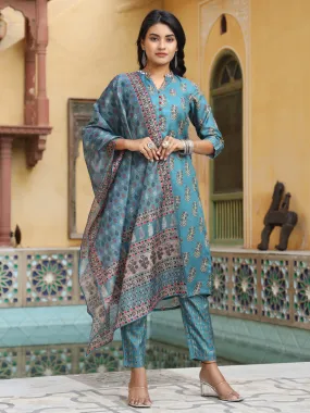 Sea Green A-Line Silk Blend Digital Printed Kurta With Pants And Dupatta