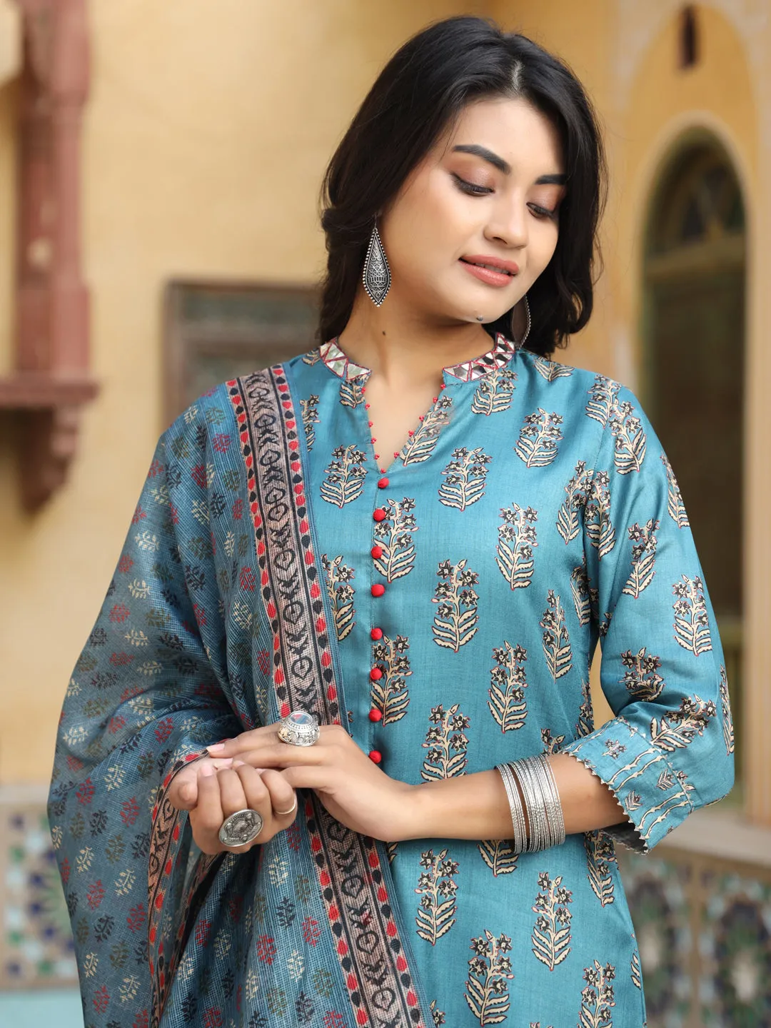 Sea Green A-Line Silk Blend Digital Printed Kurta With Pants And Dupatta