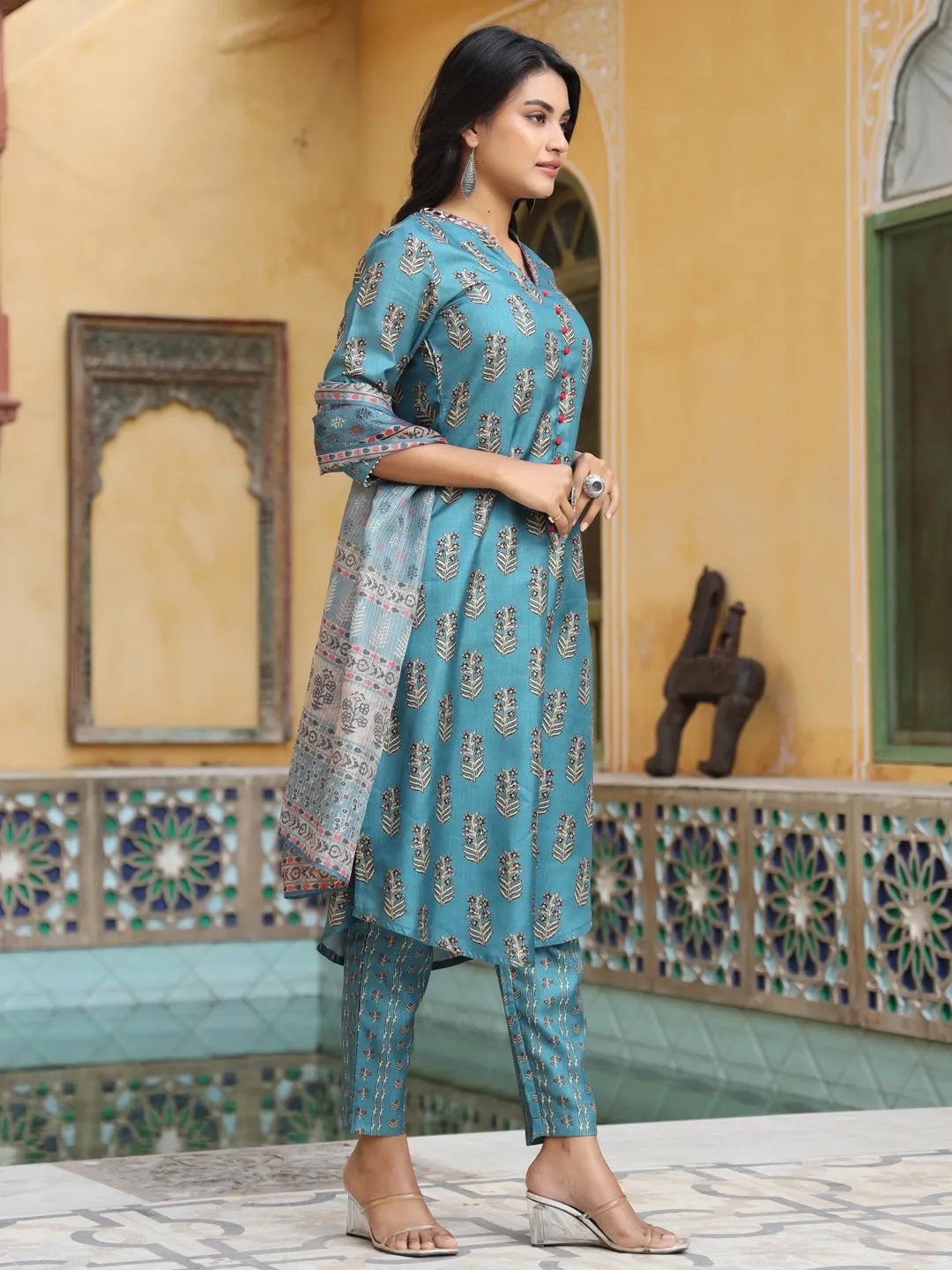 Sea Green A-Line Silk Blend Digital Printed Kurta With Pants And Dupatta