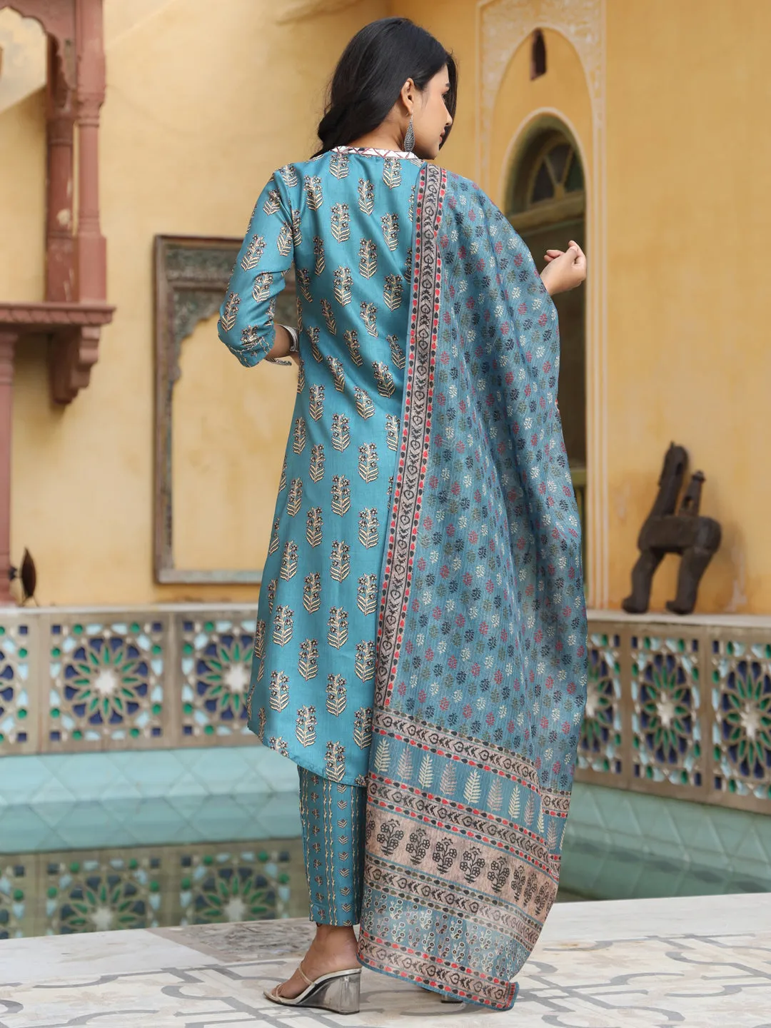 Sea Green A-Line Silk Blend Digital Printed Kurta With Pants And Dupatta