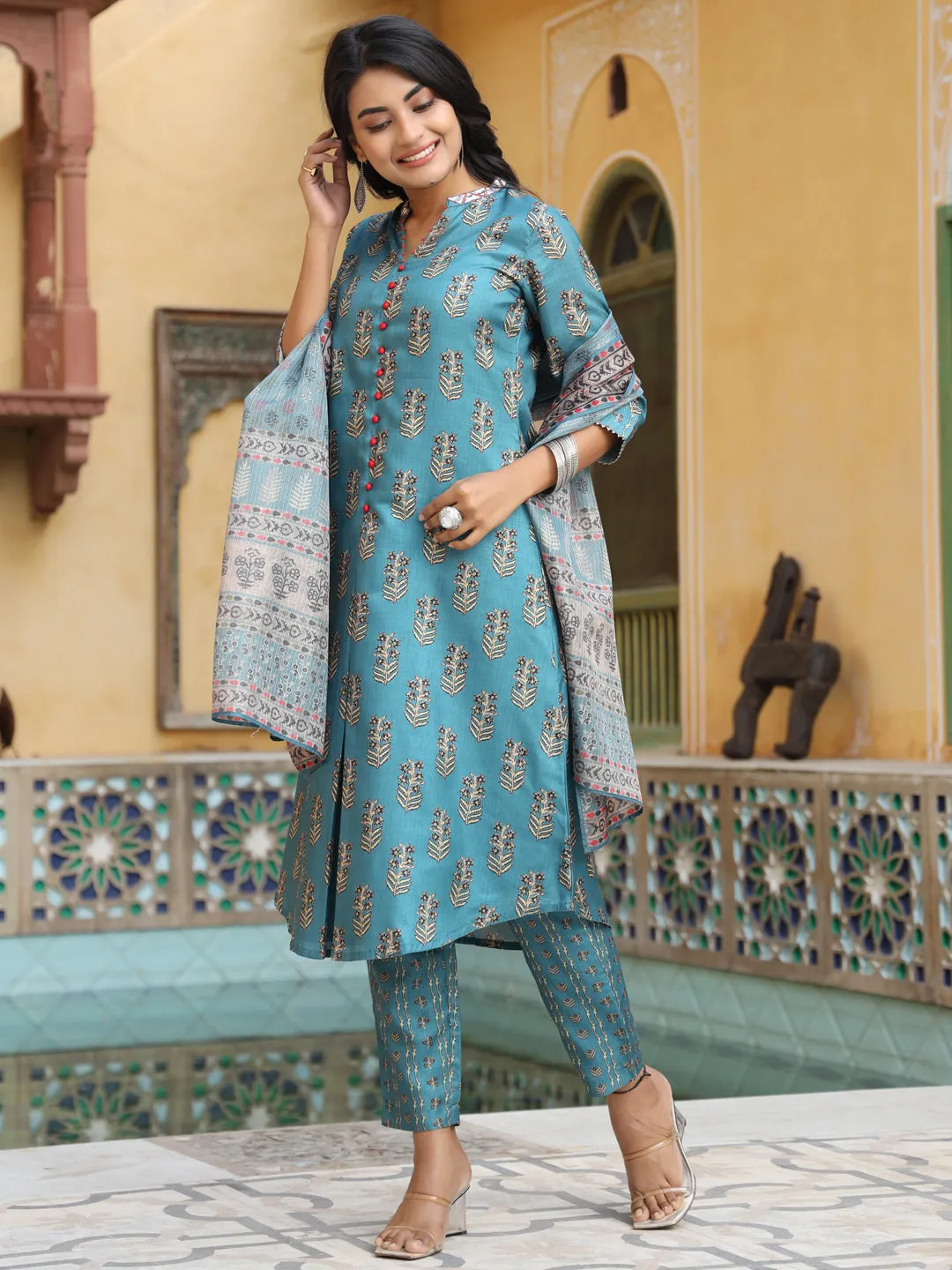 Sea Green A-Line Silk Blend Digital Printed Kurta With Pants And Dupatta
