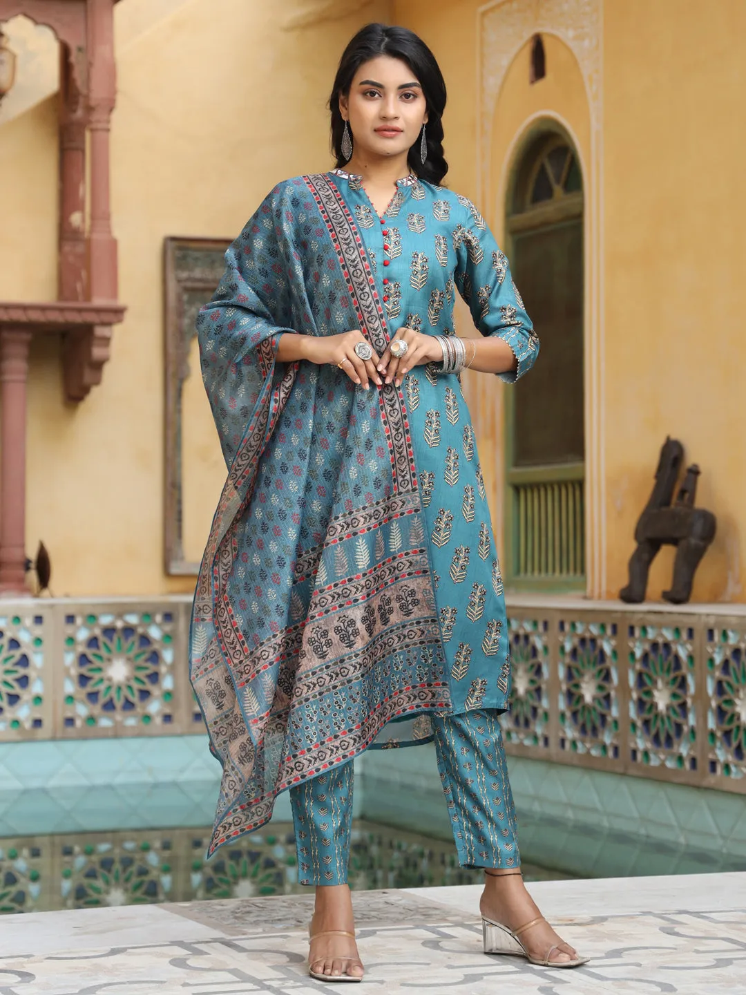 Sea Green A-Line Silk Blend Digital Printed Kurta With Pants And Dupatta