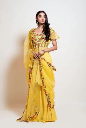 Smriti Apparel's Light Yellow Kurta with Bell Bottom Pants - Rent