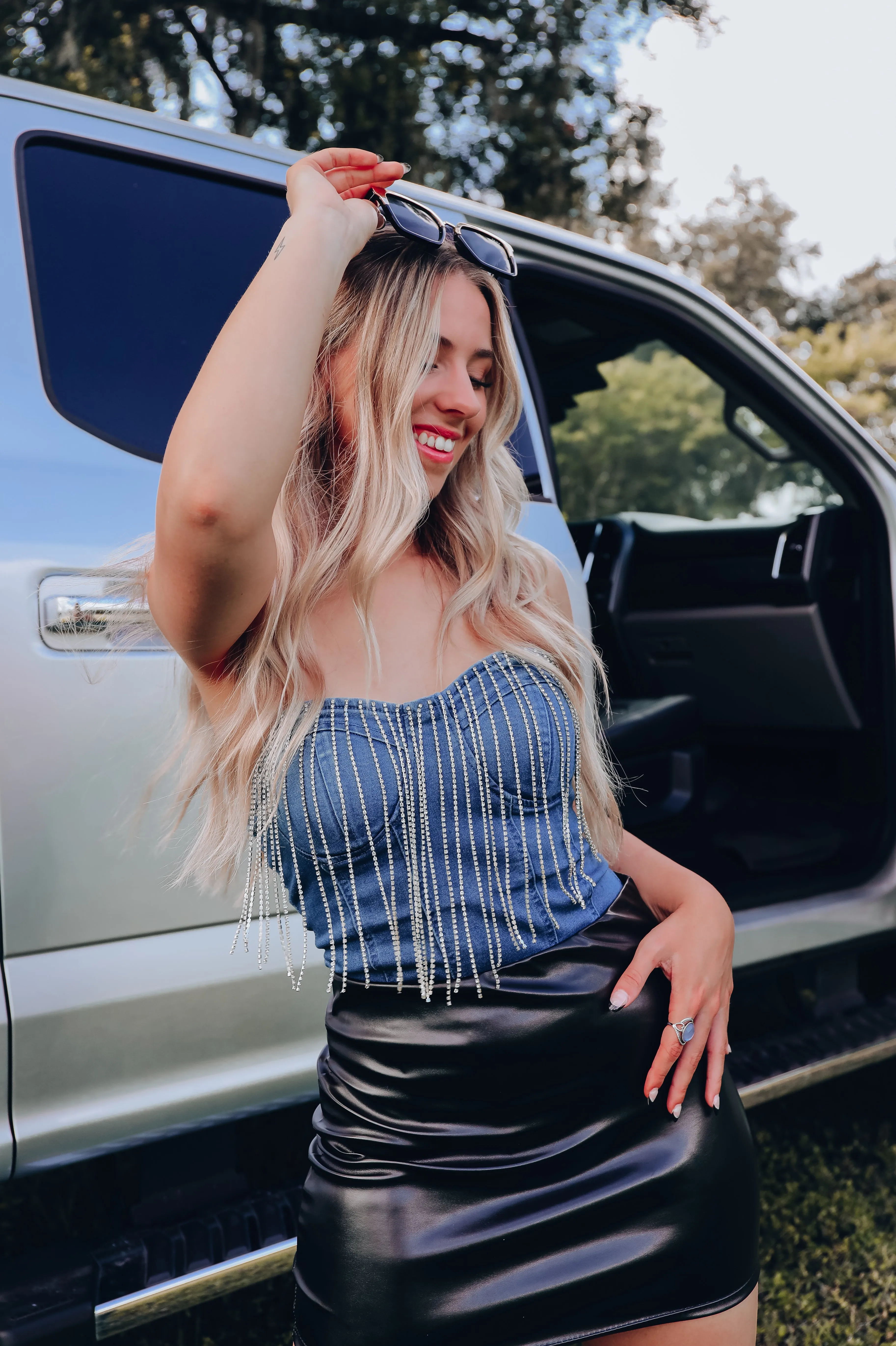 Sparkle Effect Fringe Denim Bodysuit
