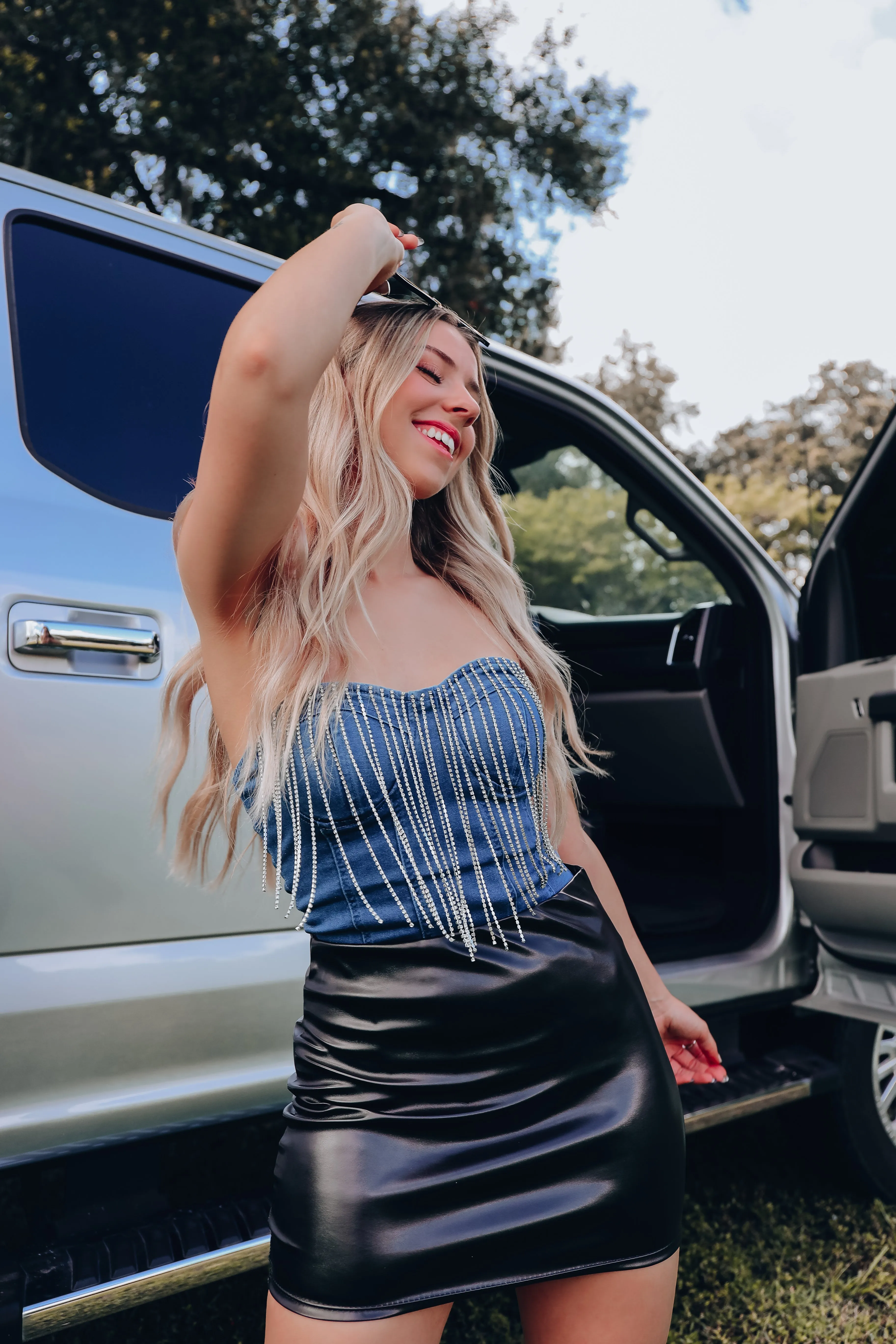 Sparkle Effect Fringe Denim Bodysuit
