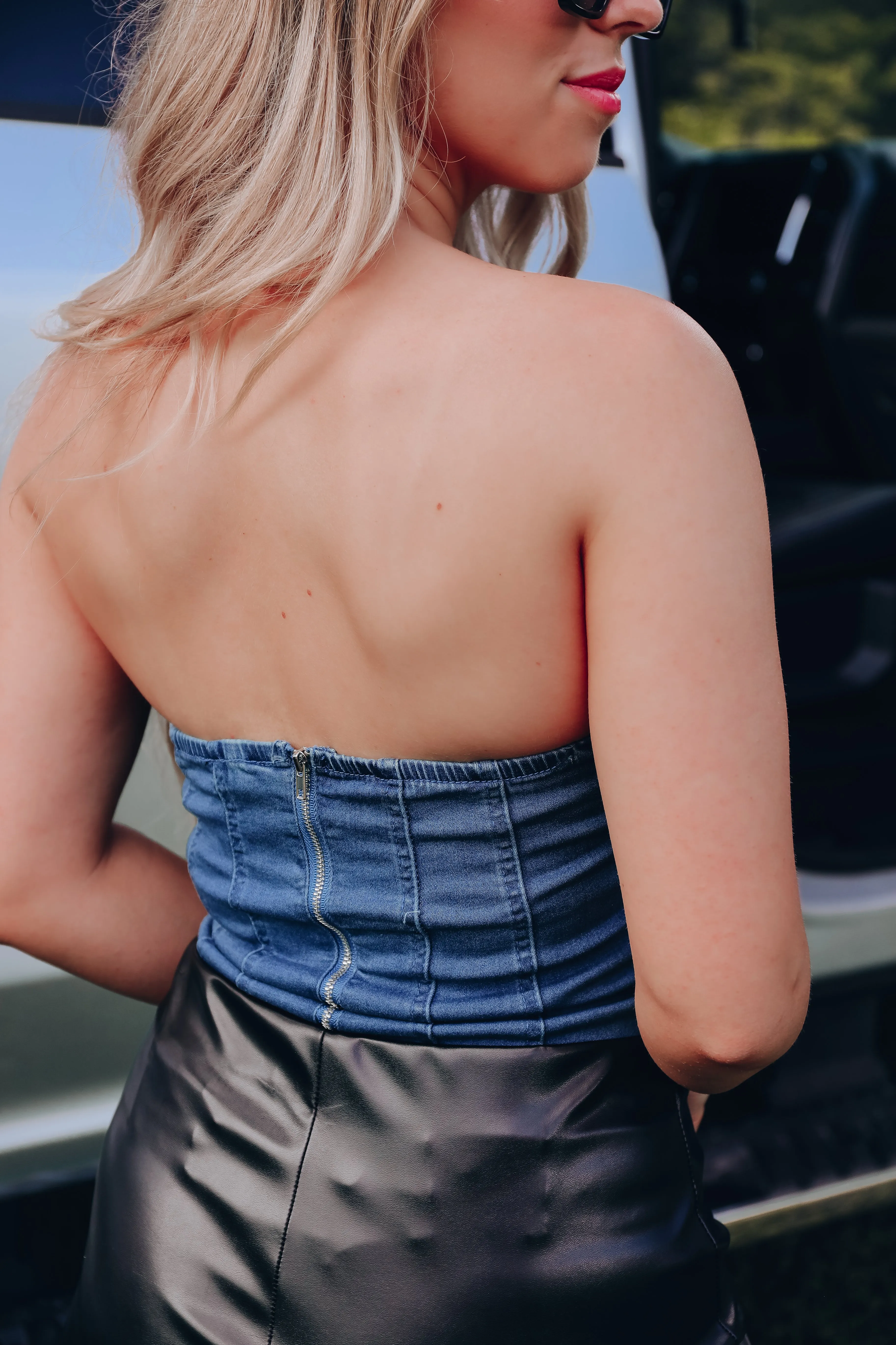 Sparkle Effect Fringe Denim Bodysuit