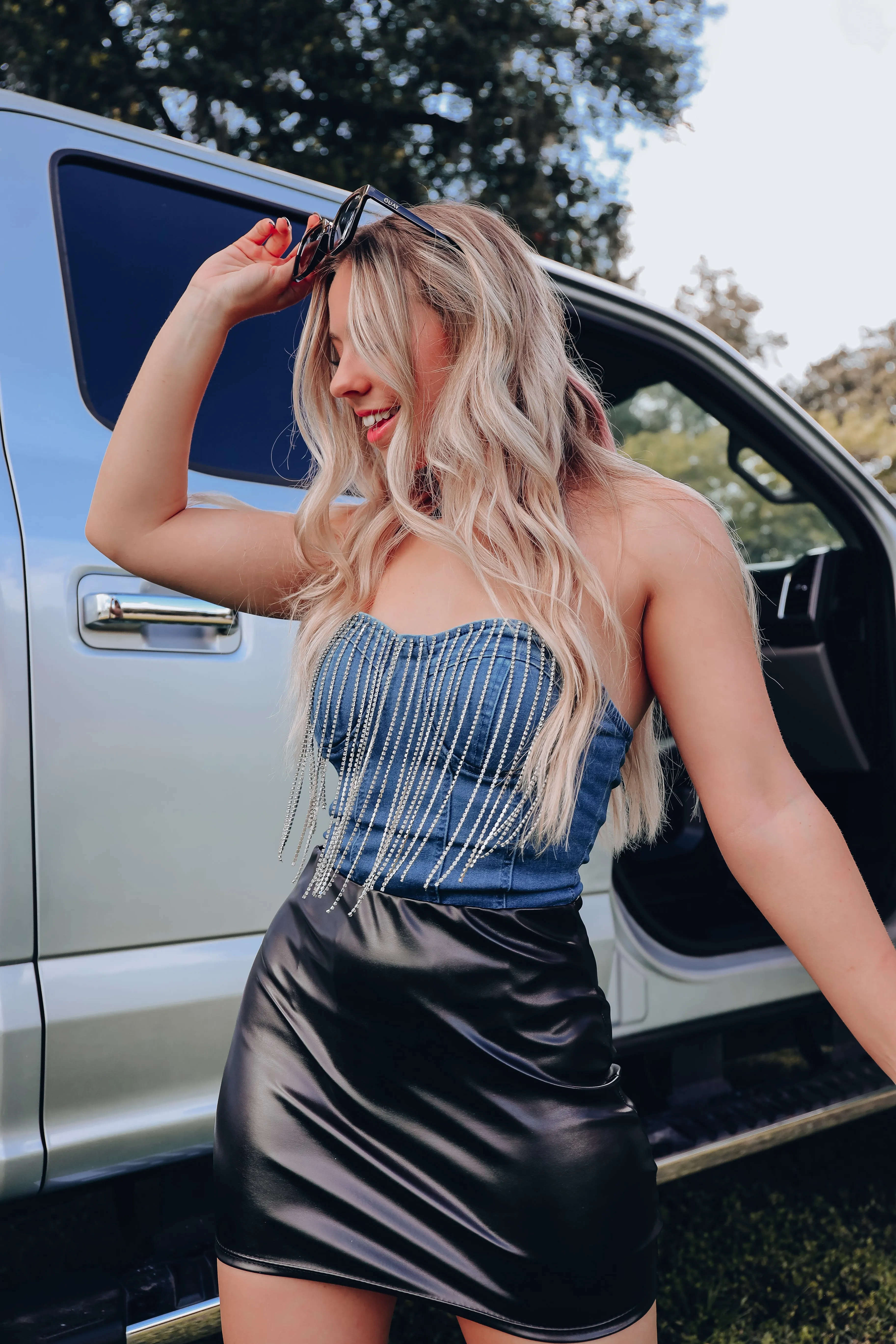 Sparkle Effect Fringe Denim Bodysuit