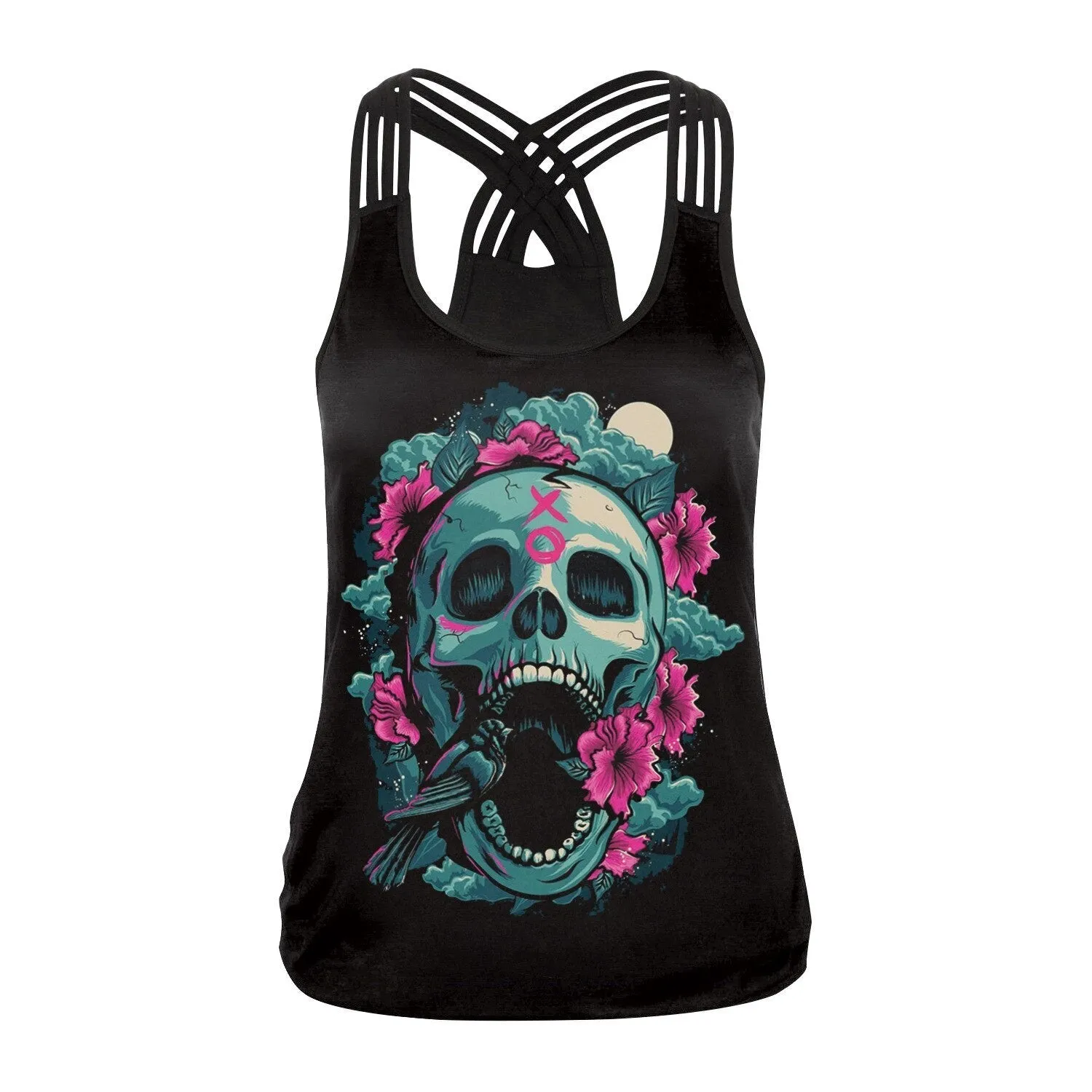Sugar Skull Tank Top for Women / Halloween Fashion / Gothic Style Back Cross Sleeveless Vest #4