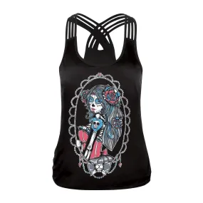 Sugar Skull Tank Top for Women / Halloween Fashion / Gothic Style Back Cross Sleeveless Vest #9