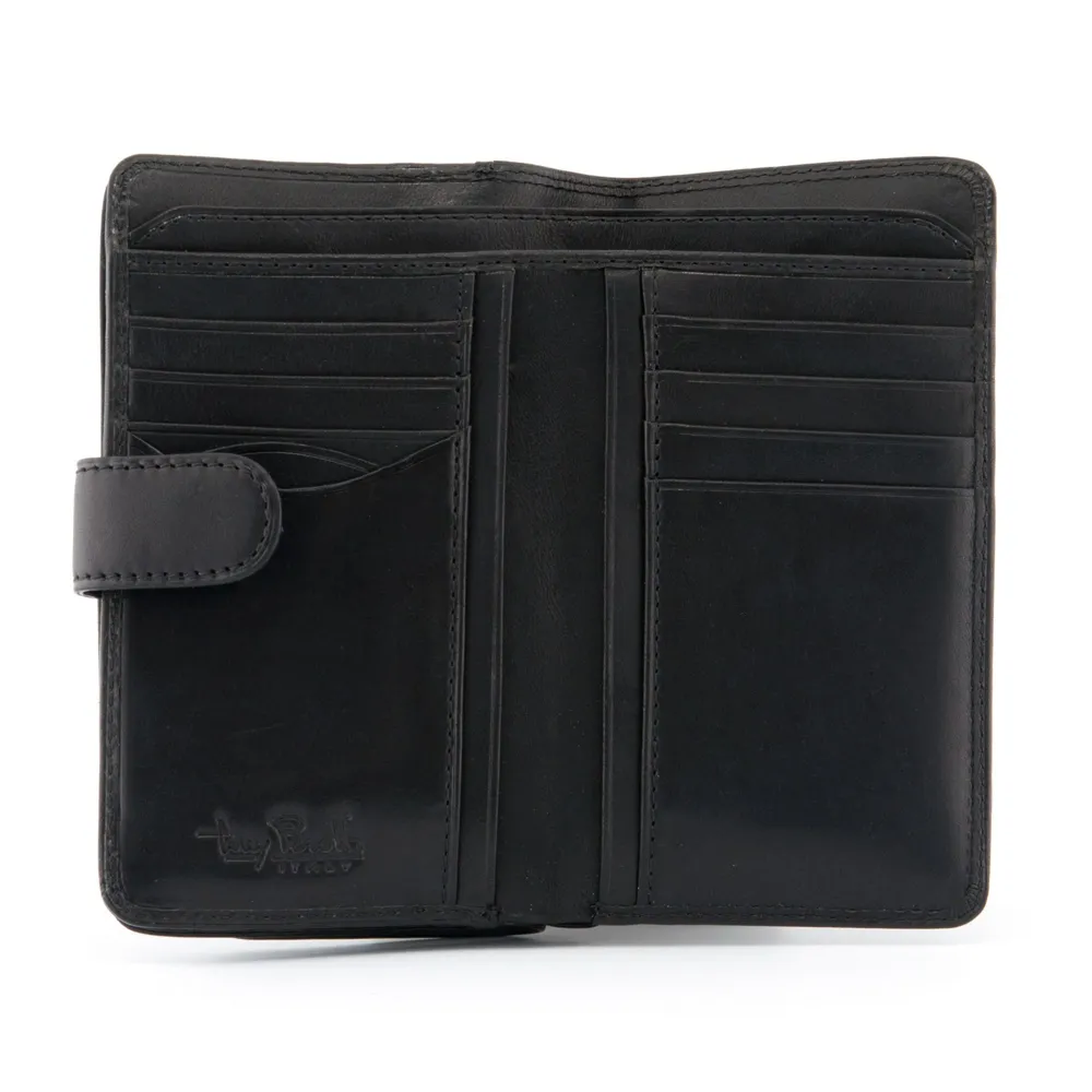 Tony Perotti Italian Leather Black Medium Flap Over Purse With Tab