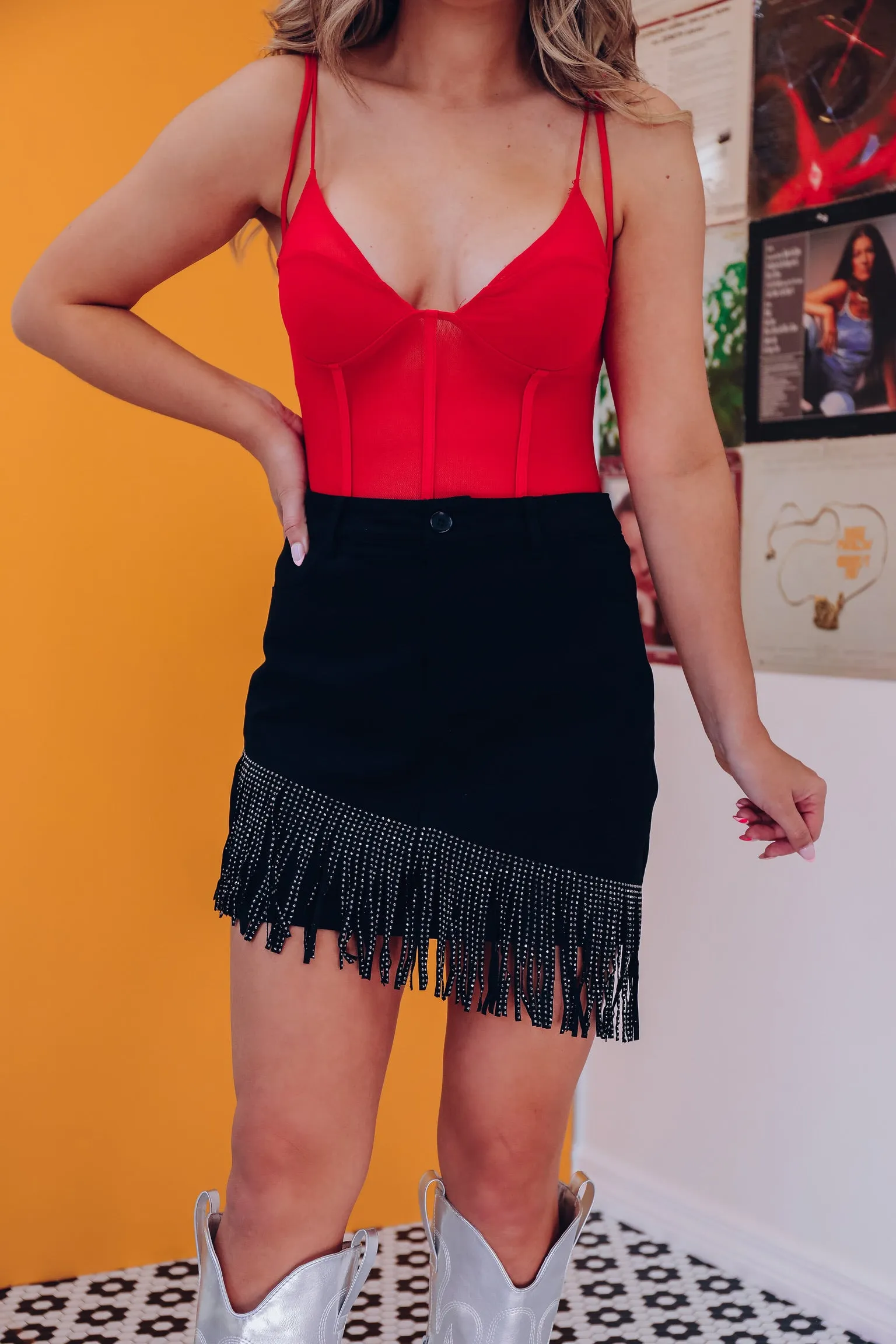 Top Tier Rhinestone Fringe Denim Skirt