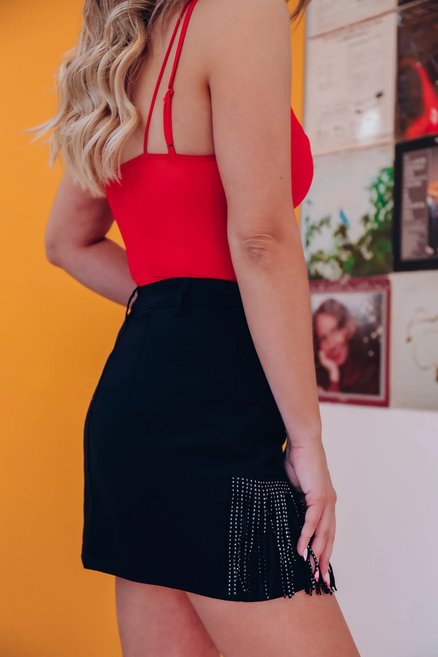 Top Tier Rhinestone Fringe Denim Skirt