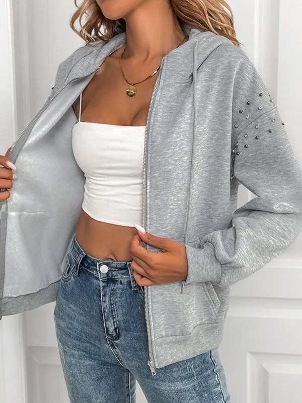 Trendy Heather Gray Zip-Up Hoodie with Studded Sleeves