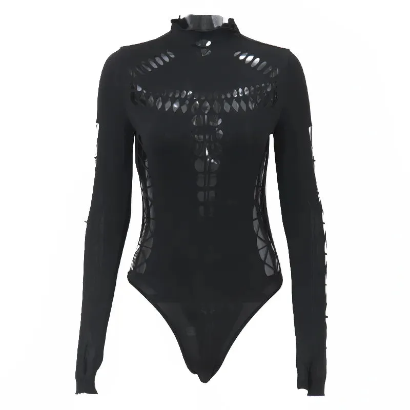 Trendy Solid Black Punk Hollow Out Bodysuits