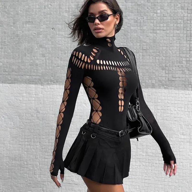 Trendy Solid Black Punk Hollow Out Bodysuits