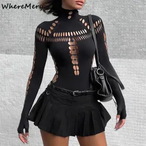 Trendy Solid Black Punk Hollow Out Bodysuits