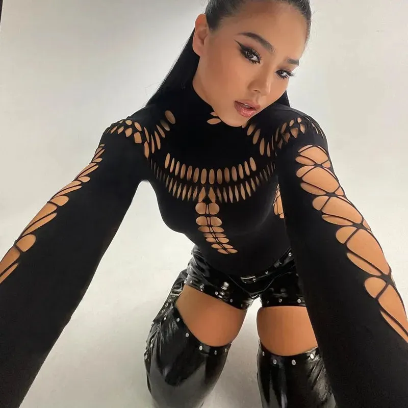 Trendy Solid Black Punk Hollow Out Bodysuits