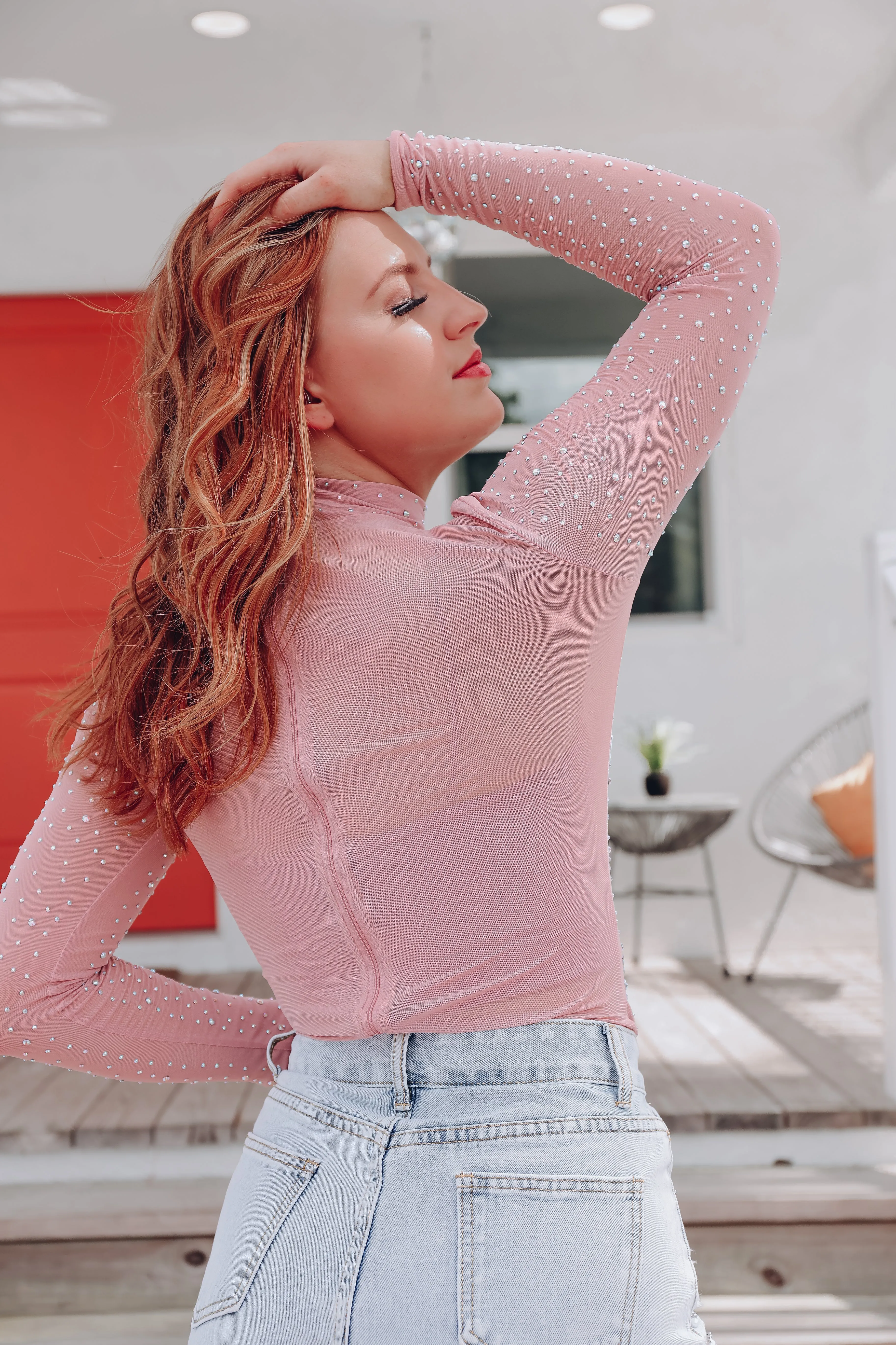 Twilight Rhinestone Mesh Bodysuit - Dusty Pink