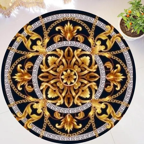Versace Style Gold Luxury Round Carpets Anti-slip Soft Plush Rugs