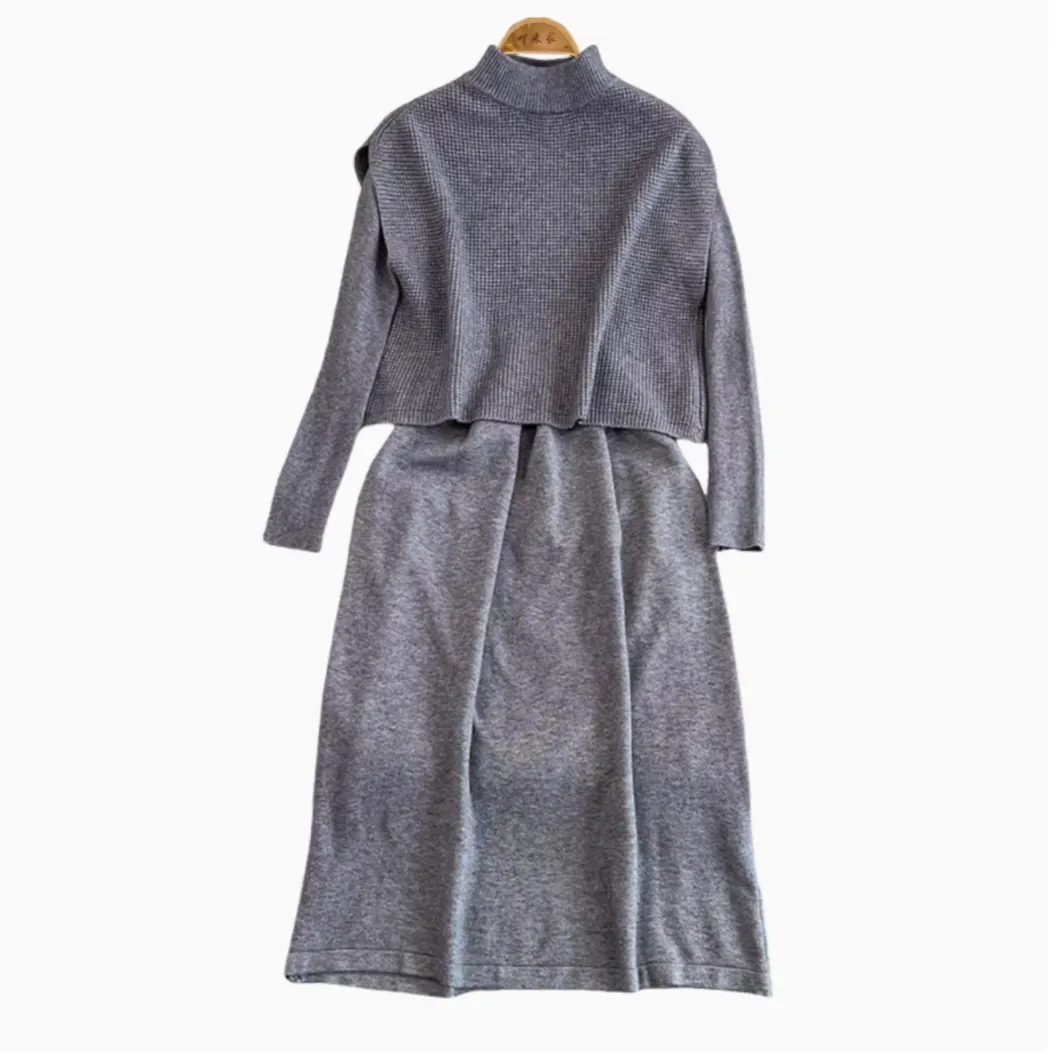 Vest&Slim-fit Dress Knitted 2Pcs