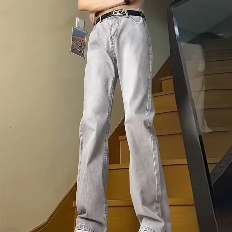 Voguable masc outfits Retro Blue Narrow Slim Jeans Men's Summer Vintage Washed American Pants High Waist Slimming Flared Pants