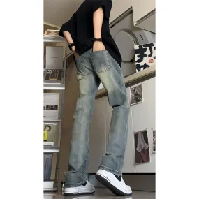 Voguable masc outfits Retro Blue Narrow Slim Jeans Men's Summer Vintage Washed American Pants High Waist Slimming Flared Pants