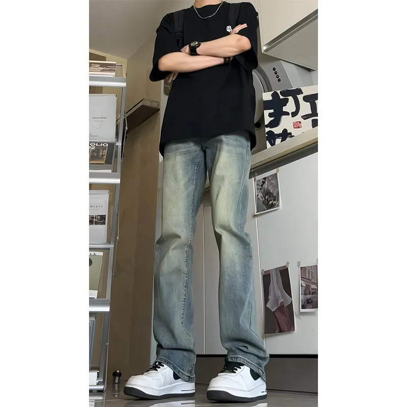 Voguable masc outfits Retro Blue Narrow Slim Jeans Men's Summer Vintage Washed American Pants High Waist Slimming Flared Pants