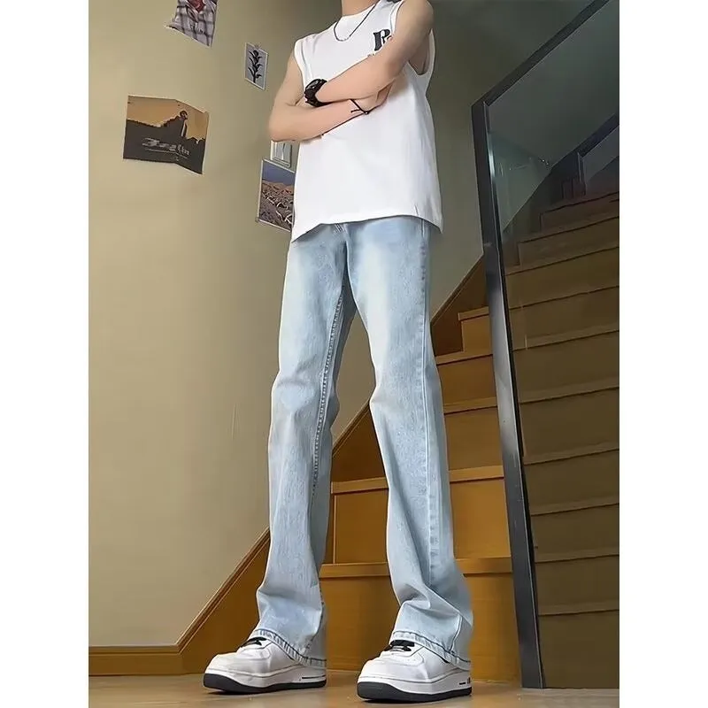Voguable masc outfits Retro Blue Narrow Slim Jeans Men's Summer Vintage Washed American Pants High Waist Slimming Flared Pants
