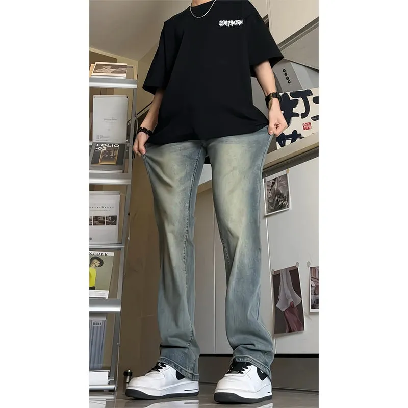 Voguable masc outfits Retro Blue Narrow Slim Jeans Men's Summer Vintage Washed American Pants High Waist Slimming Flared Pants