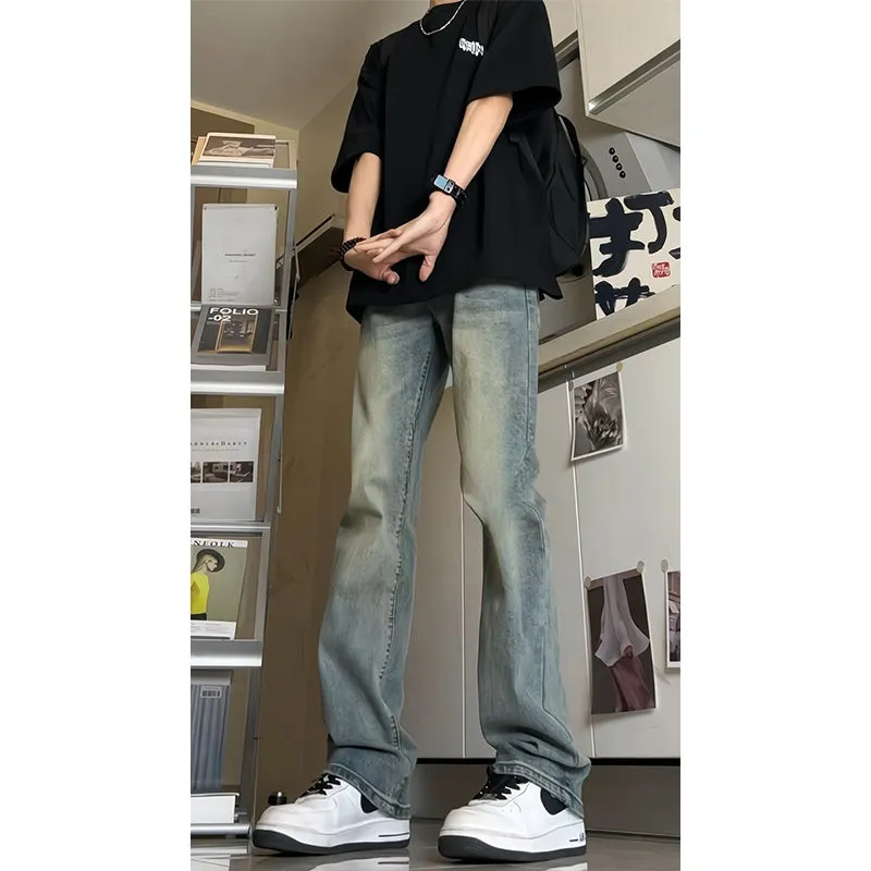 Voguable masc outfits Retro Blue Narrow Slim Jeans Men's Summer Vintage Washed American Pants High Waist Slimming Flared Pants