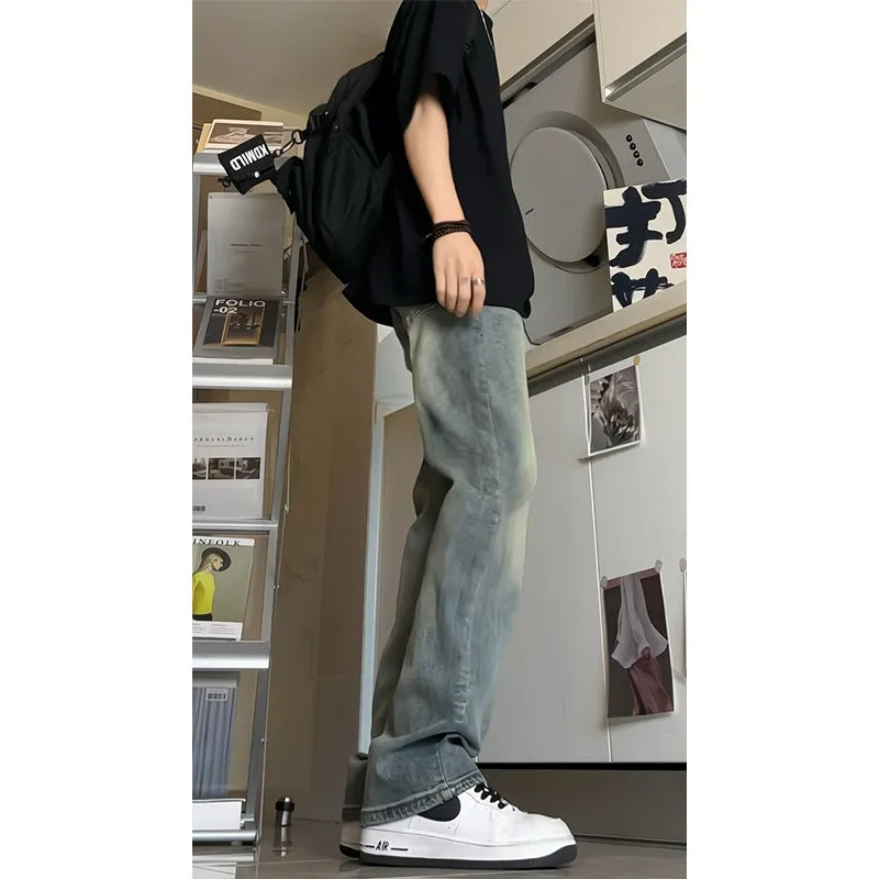 Voguable masc outfits Retro Blue Narrow Slim Jeans Men's Summer Vintage Washed American Pants High Waist Slimming Flared Pants