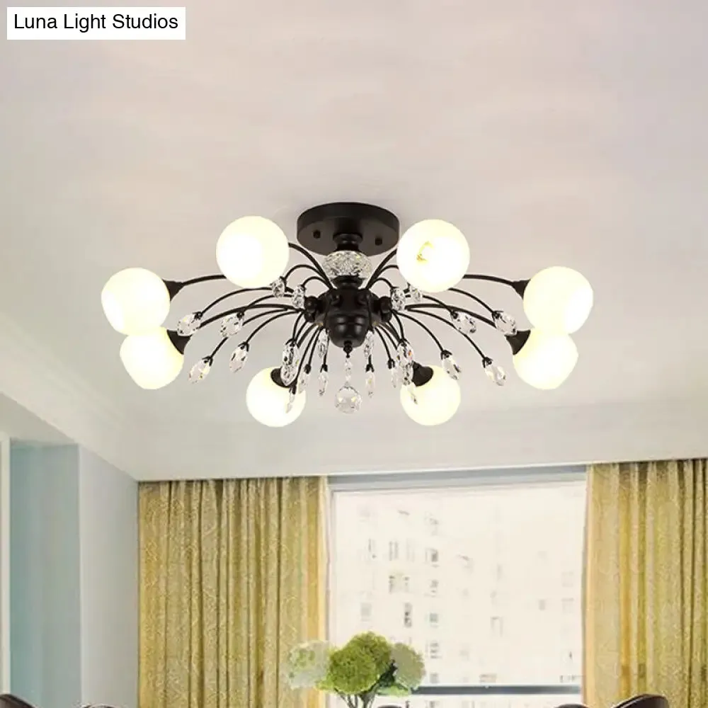 White Glass Semi Flush Chandelier with Crystal Accent - Modern Black Meteor Design Ceiling Light for Bedroom