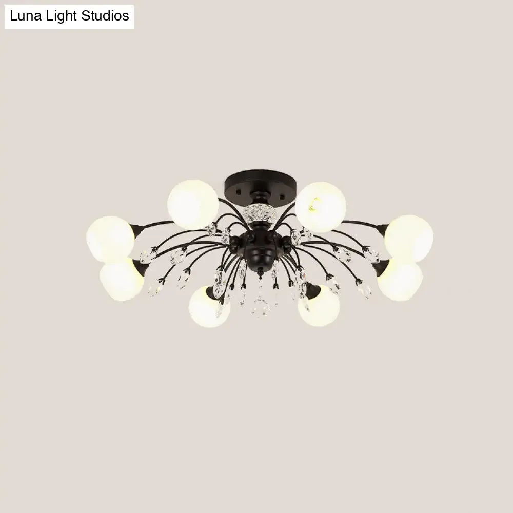 White Glass Semi Flush Chandelier with Crystal Accent - Modern Black Meteor Design Ceiling Light for Bedroom
