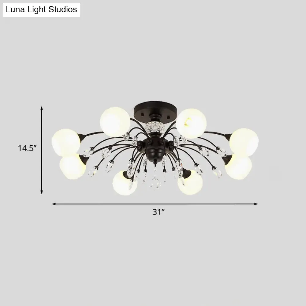 White Glass Semi Flush Chandelier with Crystal Accent - Modern Black Meteor Design Ceiling Light for Bedroom