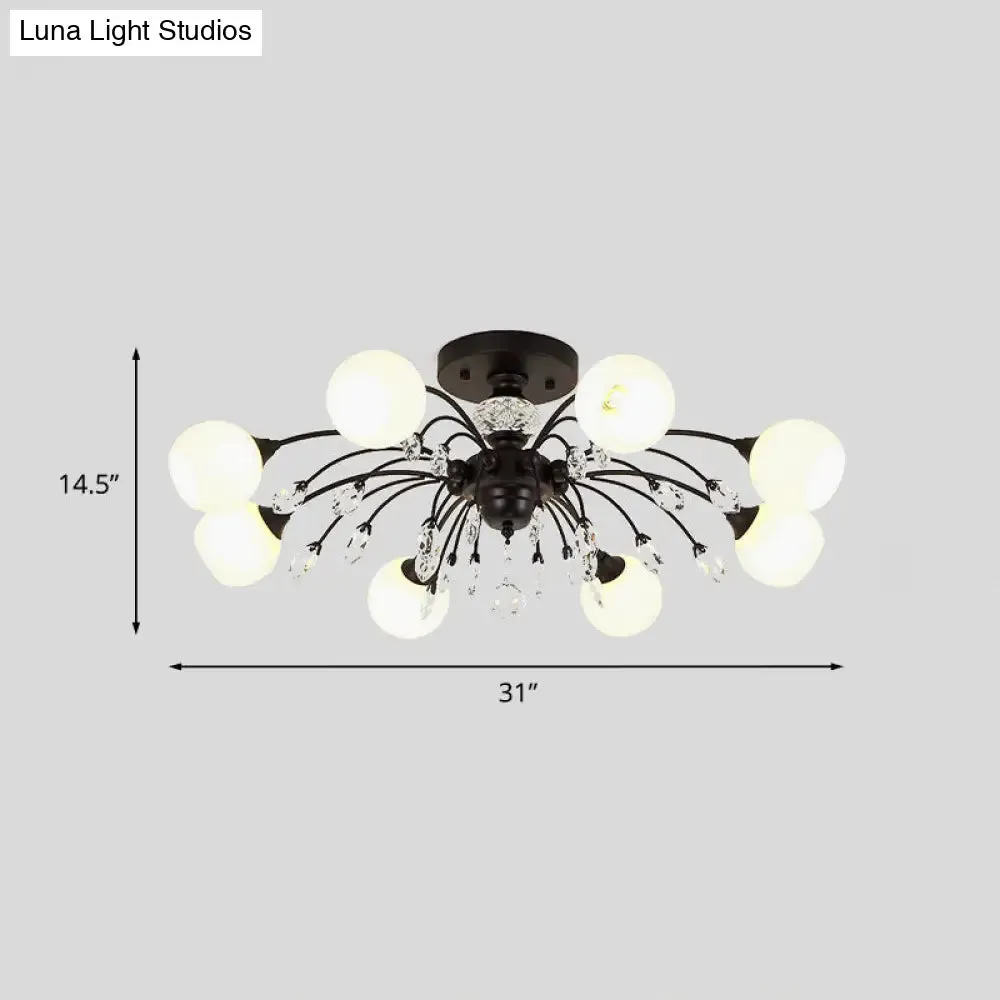 White Glass Semi Flush Chandelier with Crystal Accent - Modern Black Meteor Design Ceiling Light for Bedroom