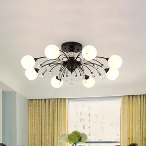 White Glass Semi Flush Chandelier with Crystal Accent - Modern Black Meteor Design Ceiling Light for Bedroom