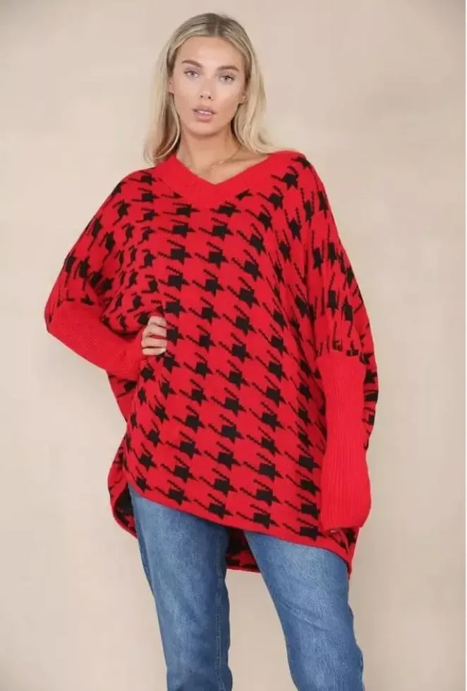 Womens Knitted Oversized Dogtooth Jumper Ladies Tooth Print Sweater Plus Size