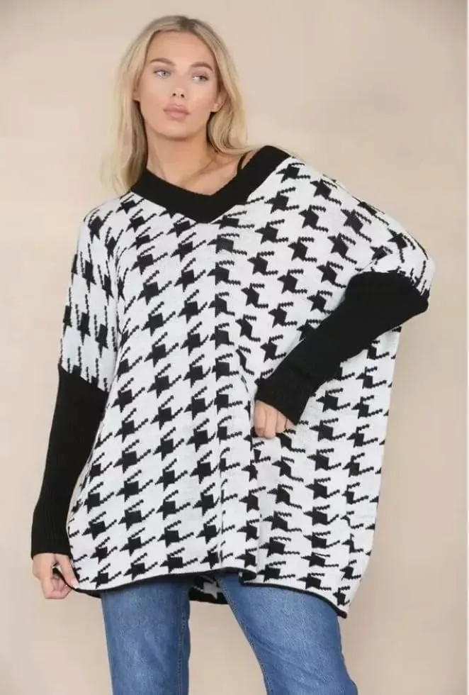 Womens Knitted Oversized Dogtooth Jumper Ladies Tooth Print Sweater Plus Size