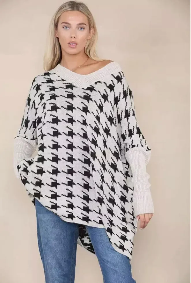 Womens Knitted Oversized Dogtooth Jumper Ladies Tooth Print Sweater Plus Size