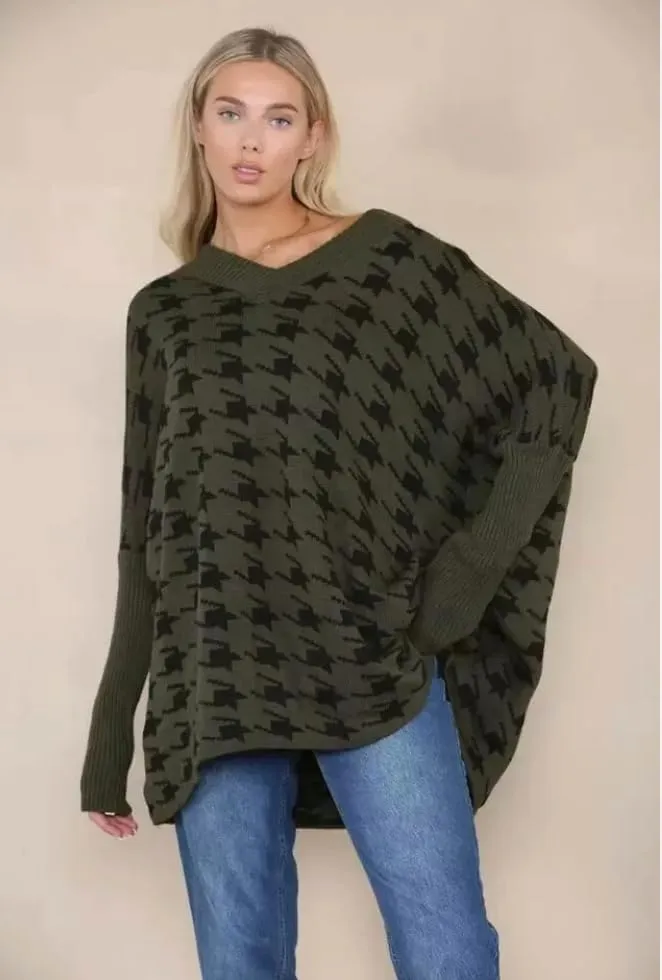 Womens Knitted Oversized Dogtooth Jumper Ladies Tooth Print Sweater Plus Size