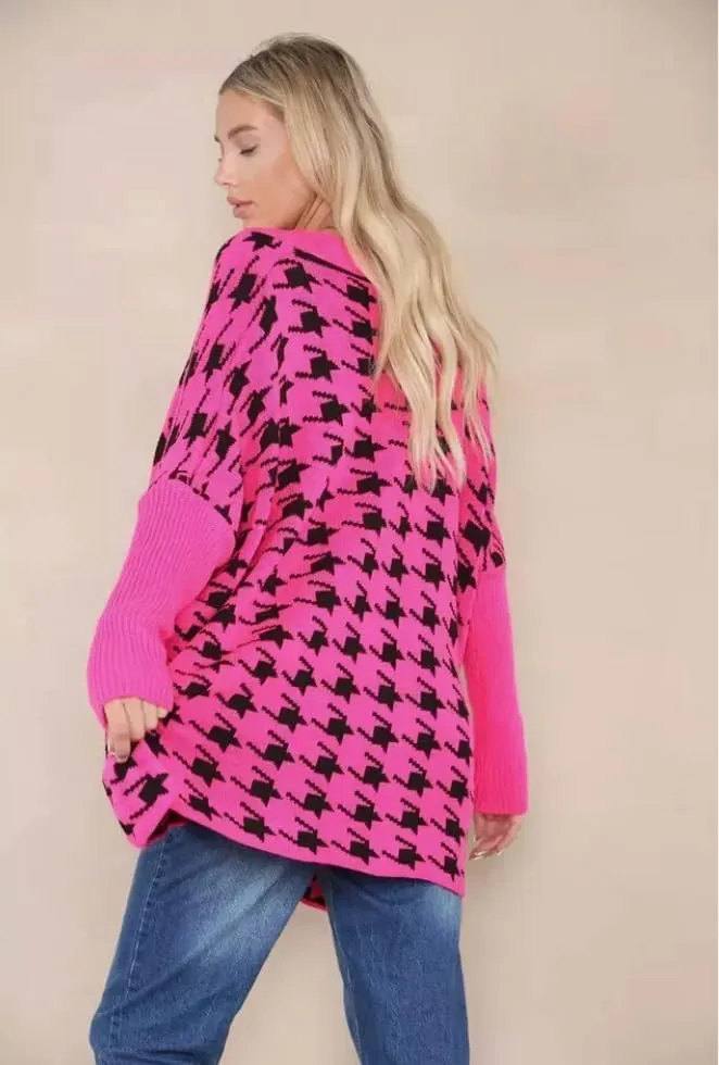 Womens Knitted Oversized Dogtooth Jumper Ladies Tooth Print Sweater Plus Size