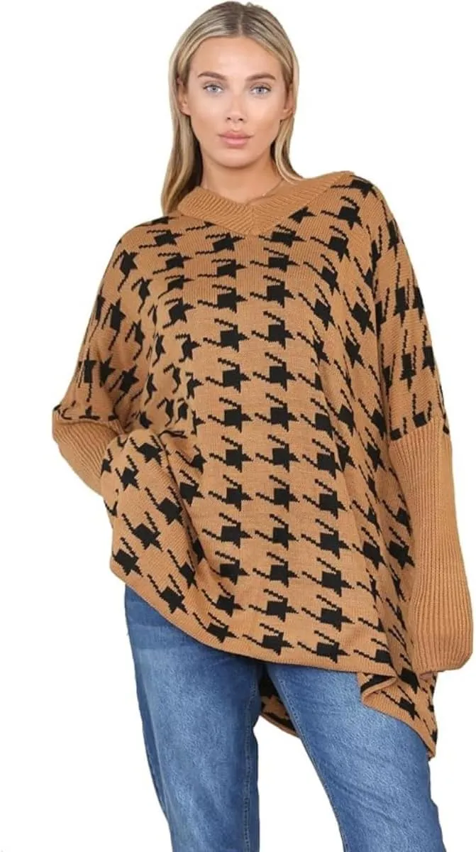 Womens Knitted Oversized Dogtooth Jumper Ladies Tooth Print Sweater Plus Size