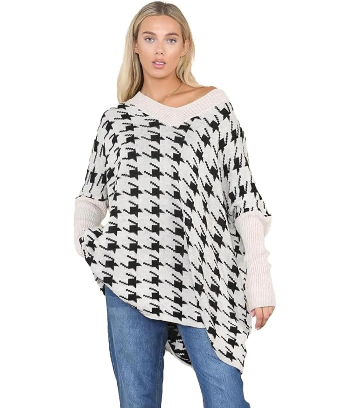 Womens Knitted Oversized Dogtooth Jumper Ladies Tooth Print Sweater Plus Size