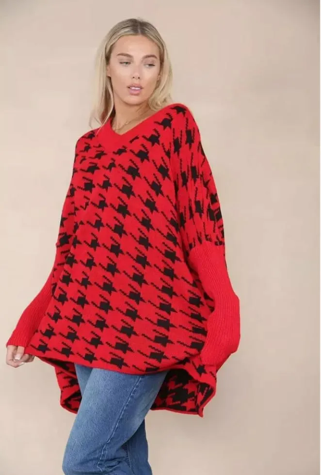 Womens Knitted Oversized Dogtooth Jumper Ladies Tooth Print Sweater Plus Size