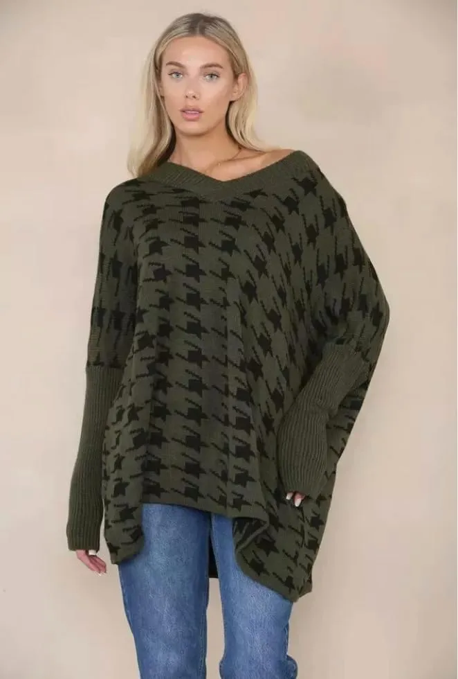 Womens Knitted Oversized Dogtooth Jumper Ladies Tooth Print Sweater Plus Size