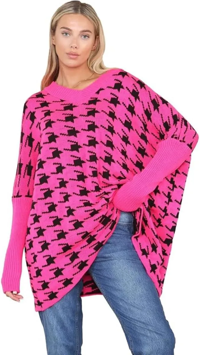Womens Knitted Oversized Dogtooth Jumper Ladies Tooth Print Sweater Plus Size